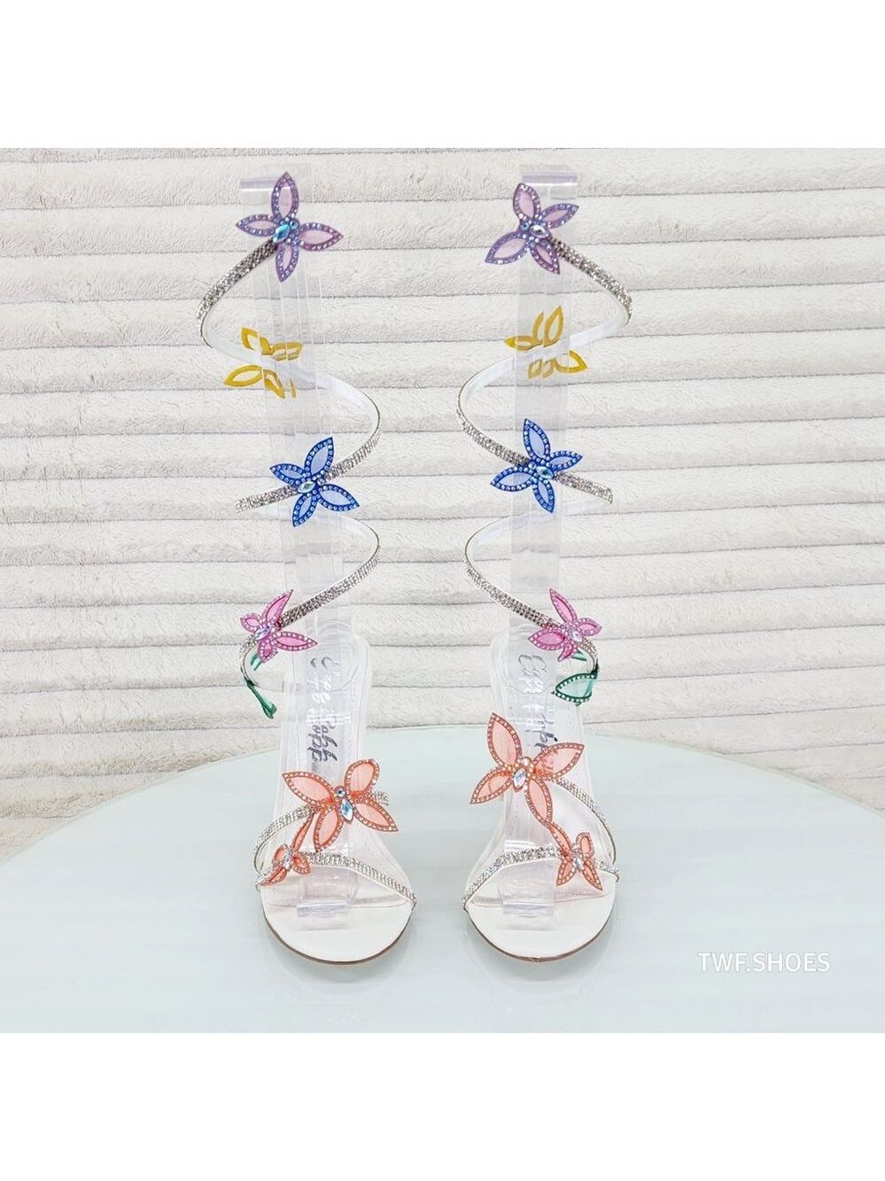 Fly Girl White Upper & Rhinestones Multi Color Butterfly Wrap Strap High Heels